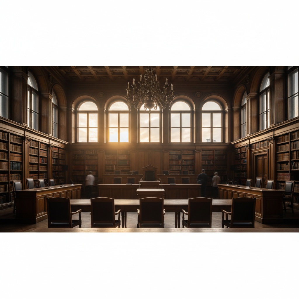 Sentenza CGUE Finnair — aula del tribunale vuota con biblioteca giuridica