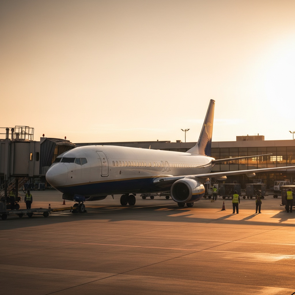 Aereo passeggeri Ryanair al gate al tramonto