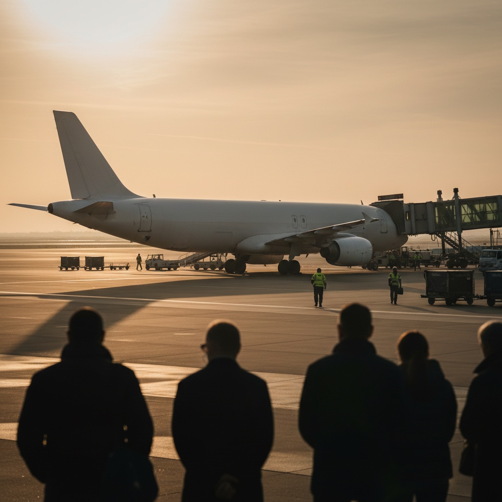 Aereo passeggeri Volotea al gate al tramonto