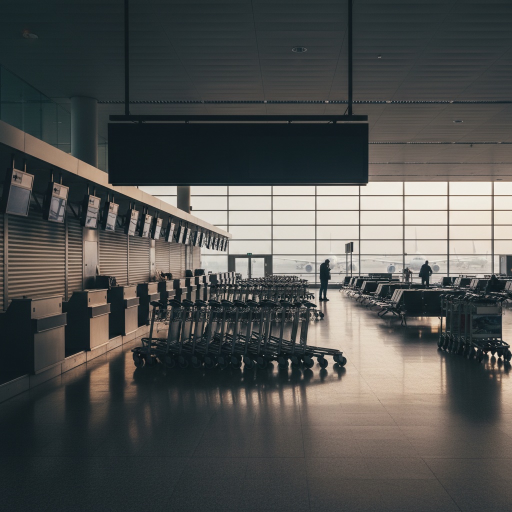 Sala d'imbarco vuota durante sciopero aereo, bagagli abbandonati