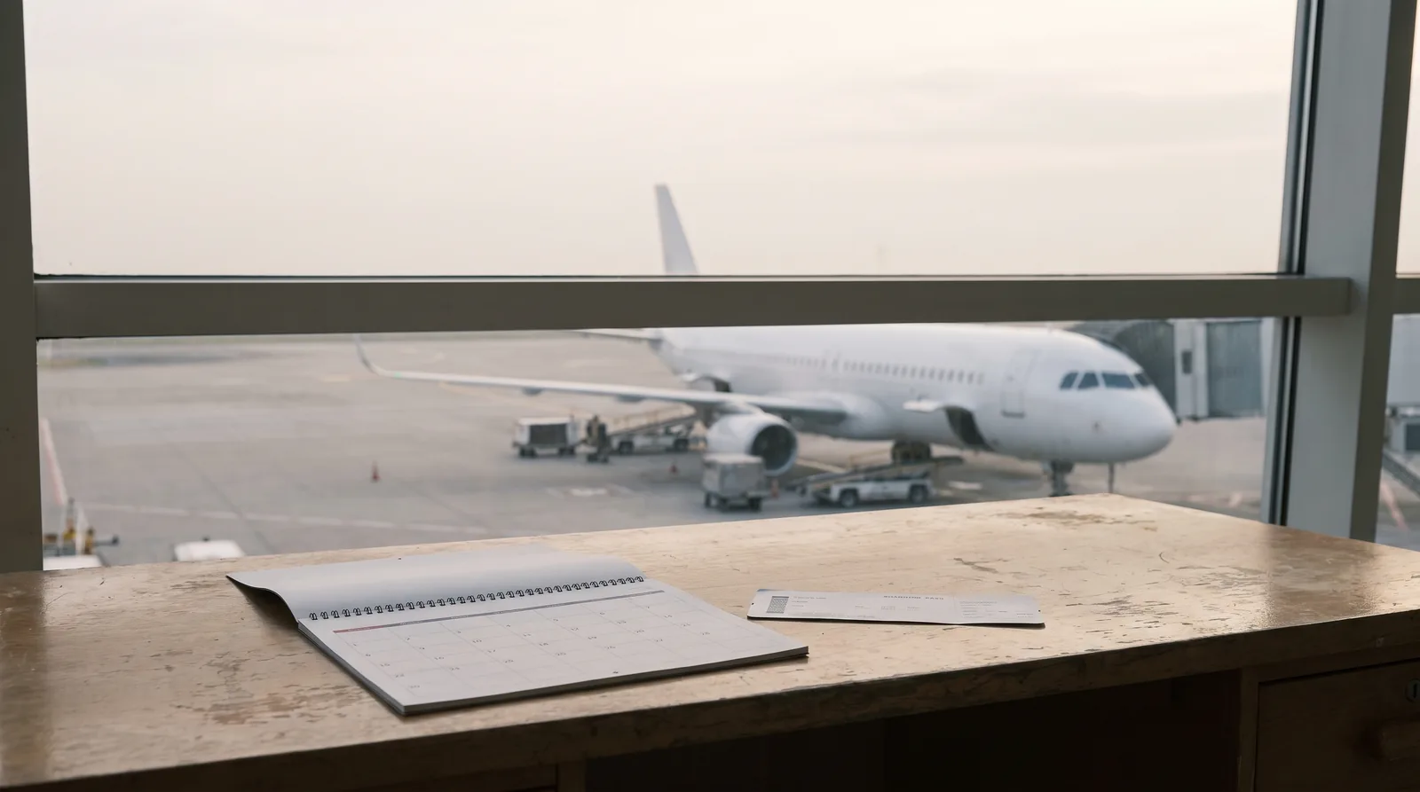 Calendario e carta d'imbarco davanti a una finestra sul piazzale dell'aeroporto