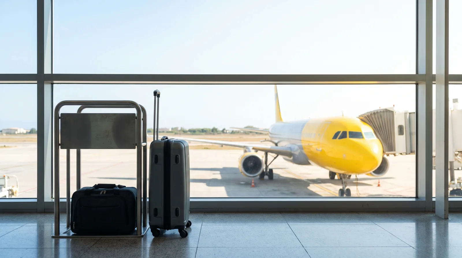 Borsa sotto il sedile e trolley accanto al misuratore, Airbus giallo e grigio al gate