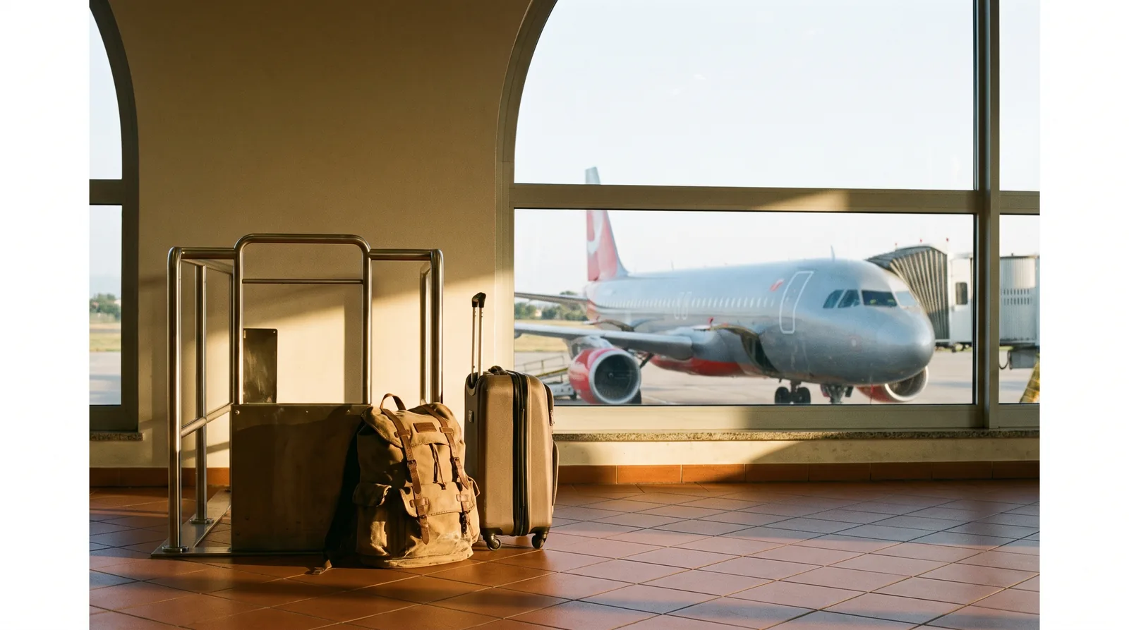 Zaino e borsa da cabina accanto al misuratore, Airbus grigio e rosso sul piazzale