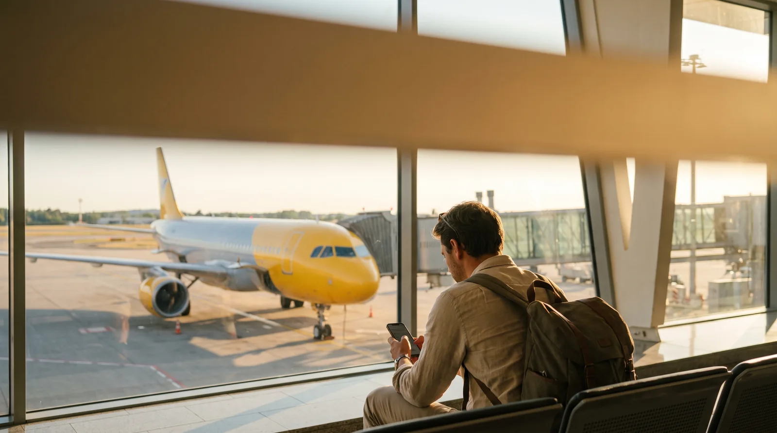 Passeggero apre un reclamo dal telefono davanti a un Airbus giallo e grigio