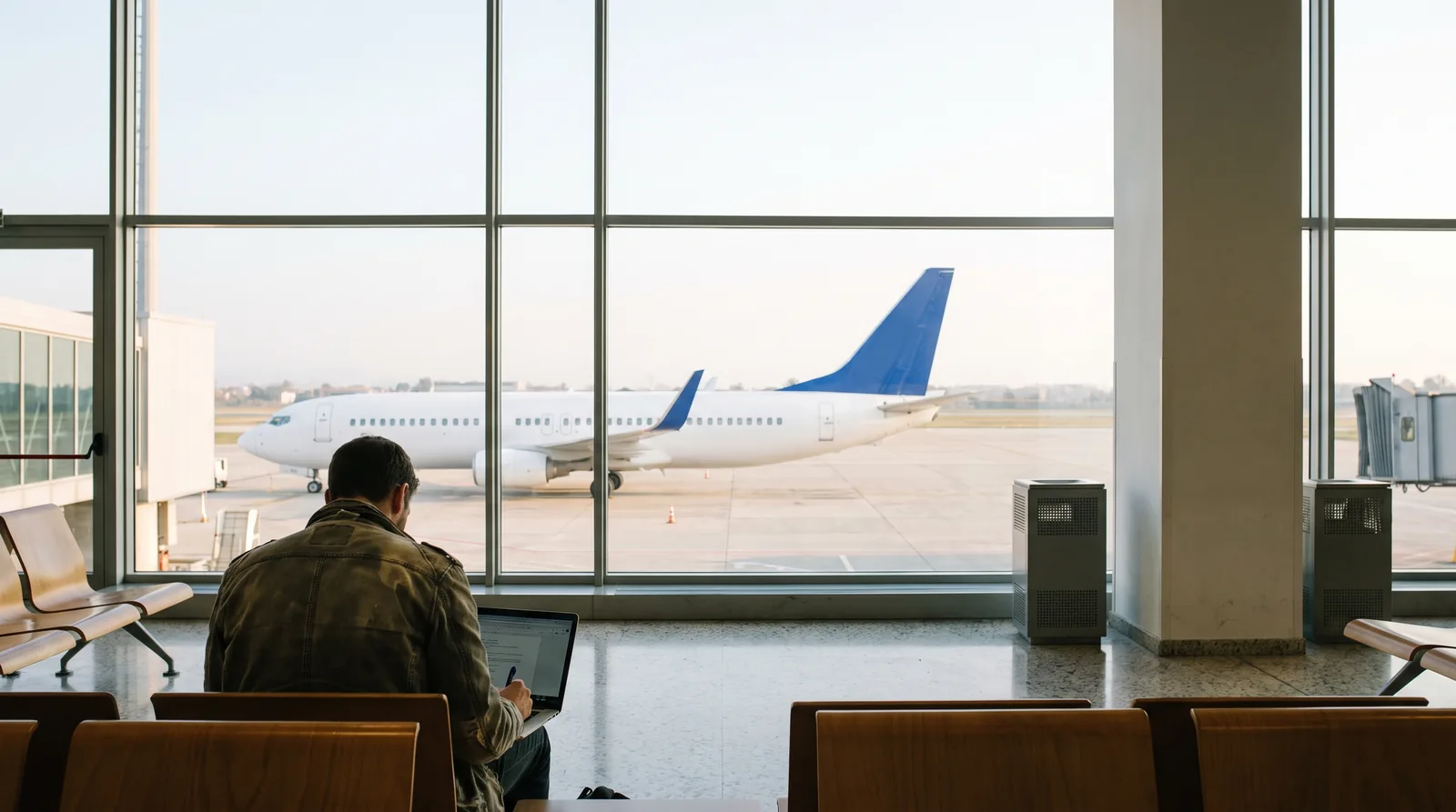Passeggero compila un reclamo in un aeroporto regionale davanti a un Boeing 737