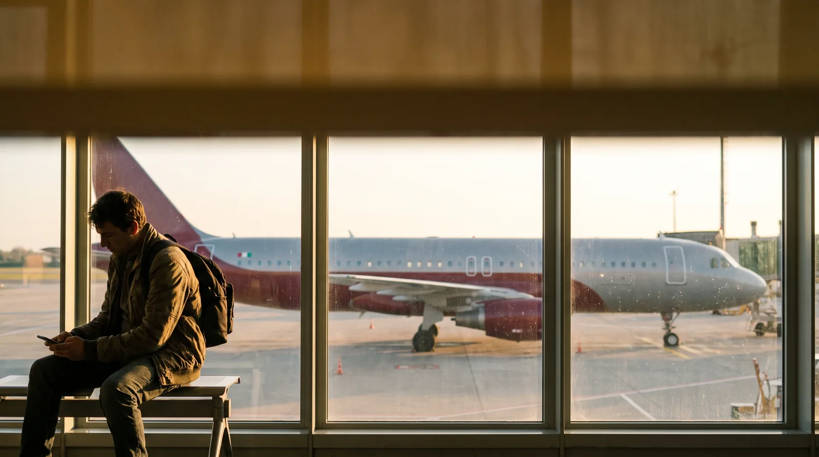Passeggero apre un reclamo dal telefono in un aeroporto regionale italiano