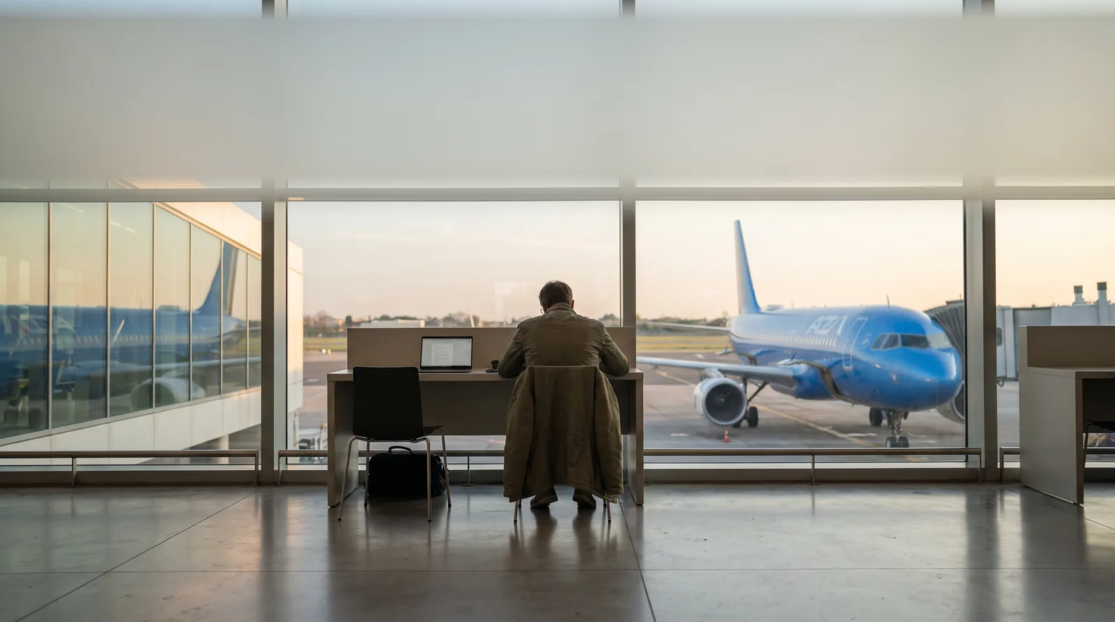 Passeggero compila un reclamo a Fiumicino davanti a un Airbus in livrea blu