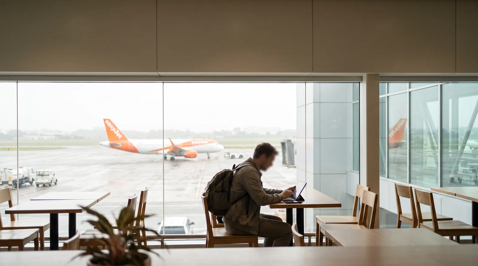 Passeggero compila un reclamo online in aeroporto davanti a un aereo arancione