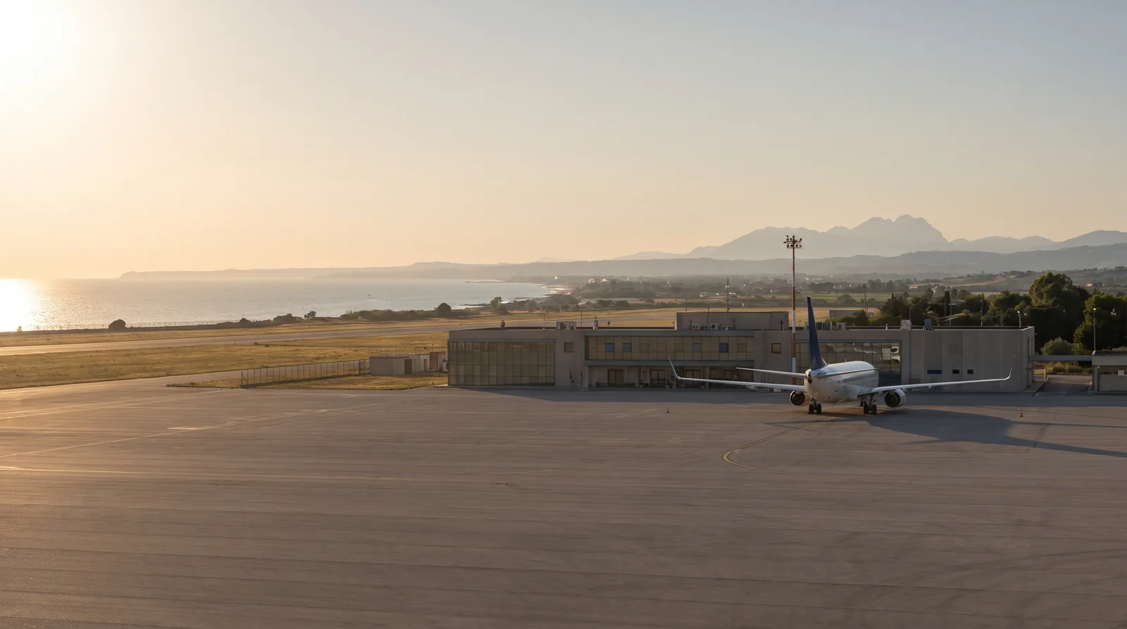 Aeroporto d'Abruzzo di Pescara - piazzale con aereo in sosta e montagne sullo sfondo