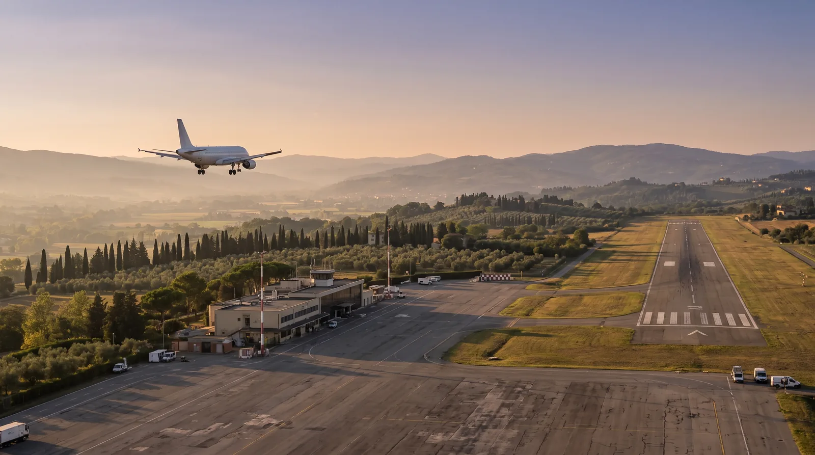 Aeroporto di Firenze Peretola - pista corta con aereo in avvicinamento e colline toscane